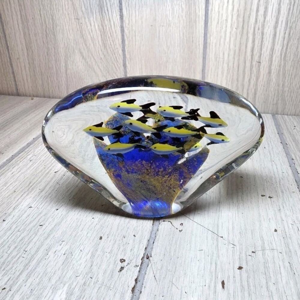 Vintage Murano Style Glass Paperweight Aquarium w/ Fish Coral Reef Bubbles